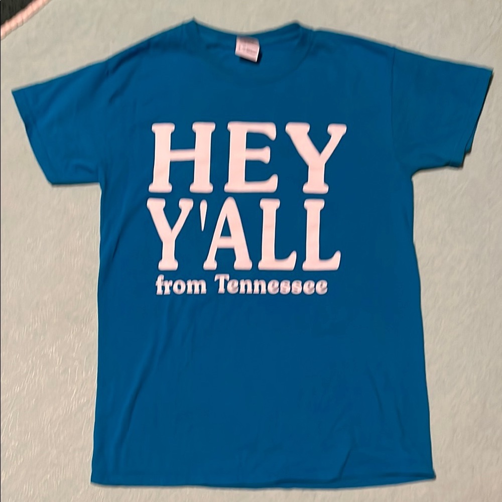 Hey Y’all - Bye Y’all from Tennessee t-shirt, blue with white letters size S NEW